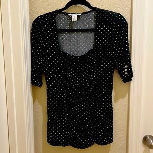 Black and white polka dot blouse with ruching
